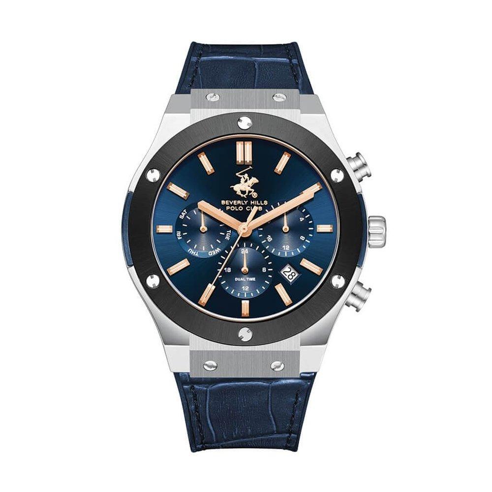Beverly Hills Polo Men Watch, Quartz, Leather Band, Round Case, 45mm, BP3690X.377 - Silver/Black