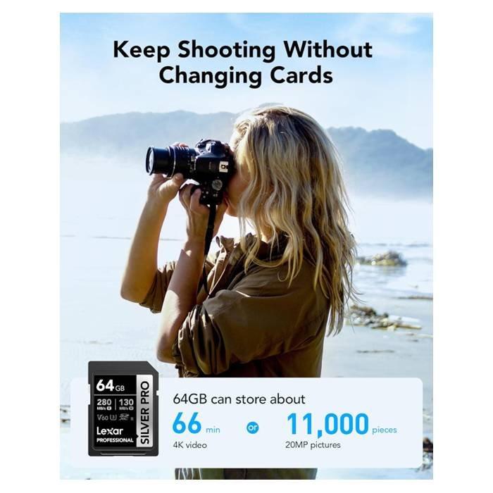 Lexar Professional Silver Pro SD Card, 64GB, 280MB/S- LSDSIPR064G-BNNNG
