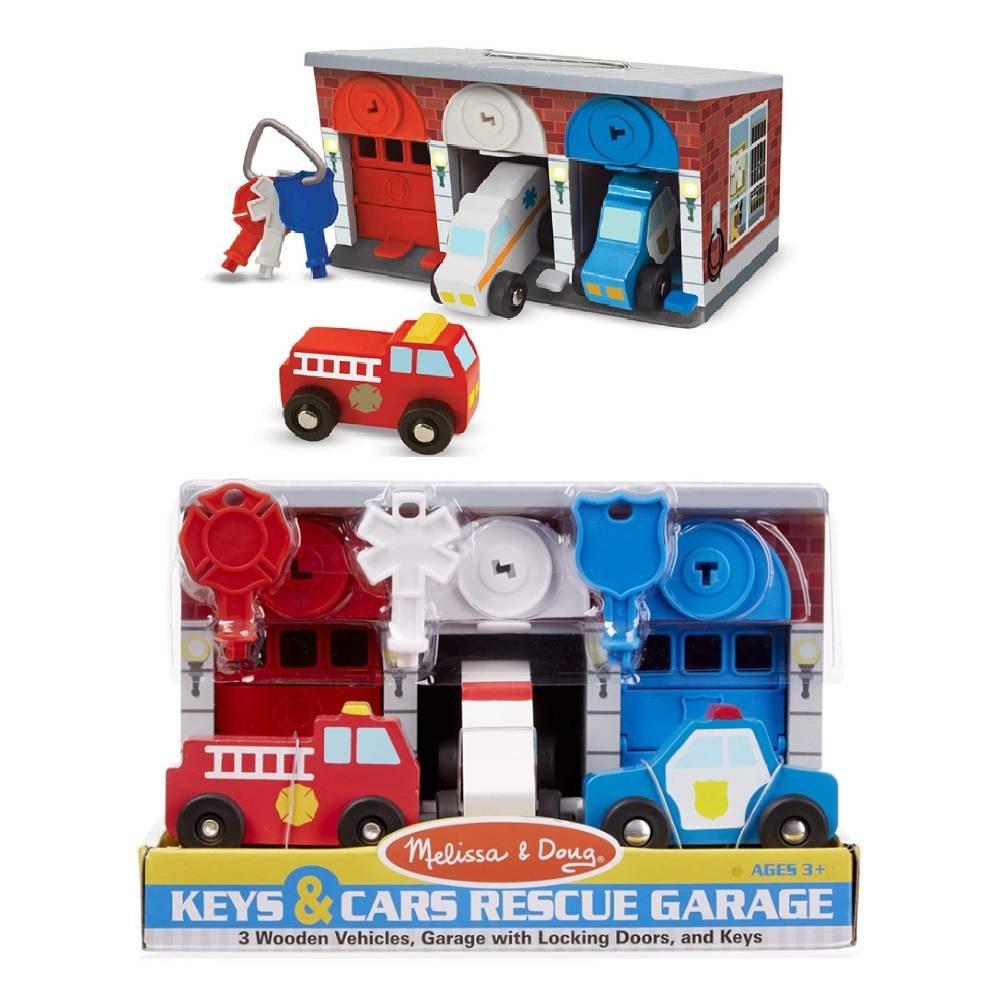 Melissa & Doug Toy Keys and Cars Wooden Rescue Vehicles and Garage (7 pcs), 4607