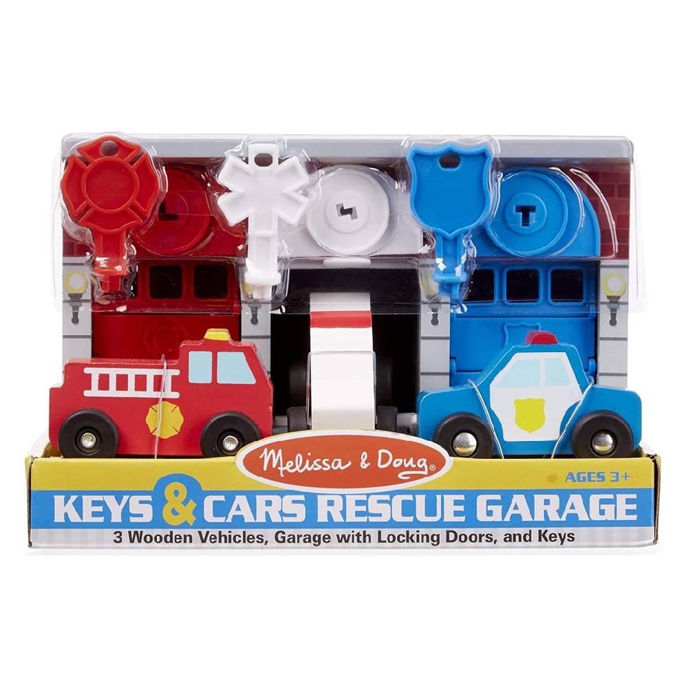Melissa & Doug Toy Keys and Cars Wooden Rescue Vehicles and Garage (7 pcs), 4607