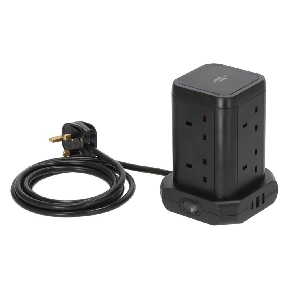 Brennenstuhl 8 Way 2M Tower Extension Adapter with 2 USB A & 1USB C, 1153563000 - Black