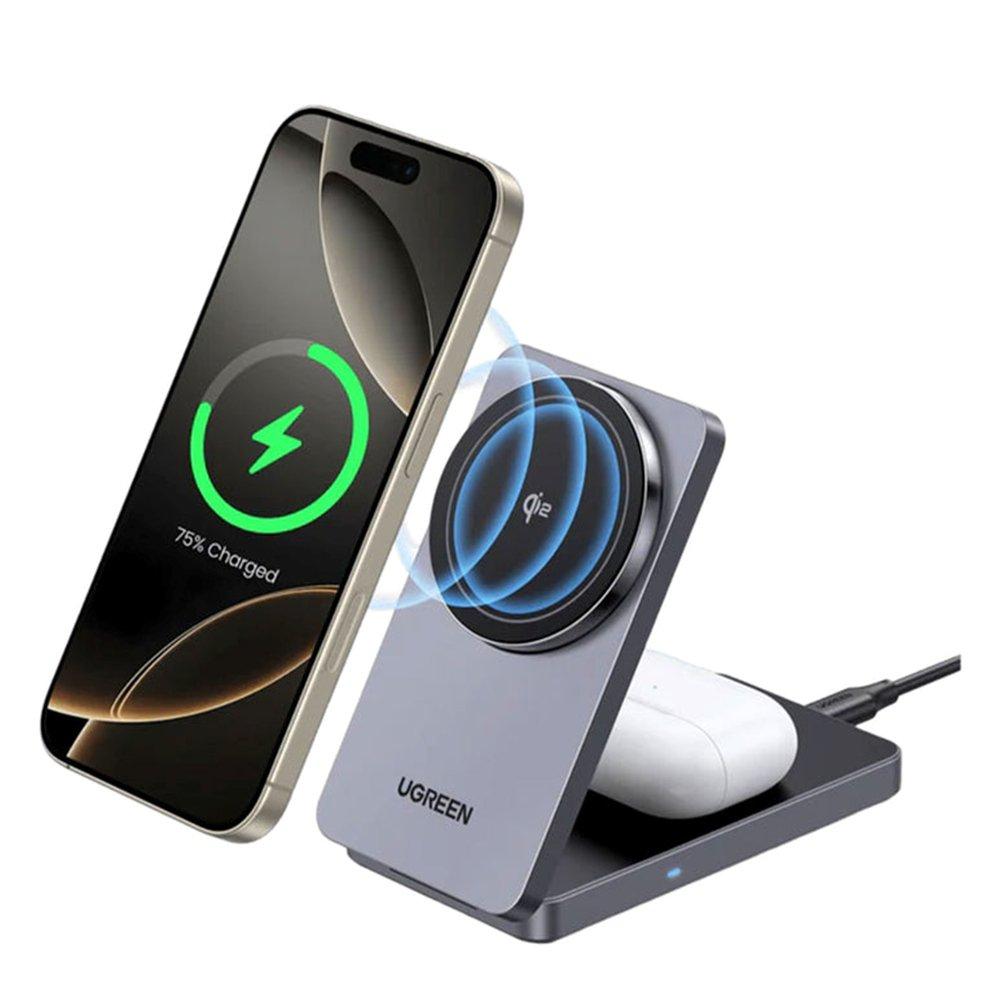 شاحن لاسلكي مغناطيسي 2 في 1 ماج فلو بقوة 20 واط من يوجرين، W706 - رمادي