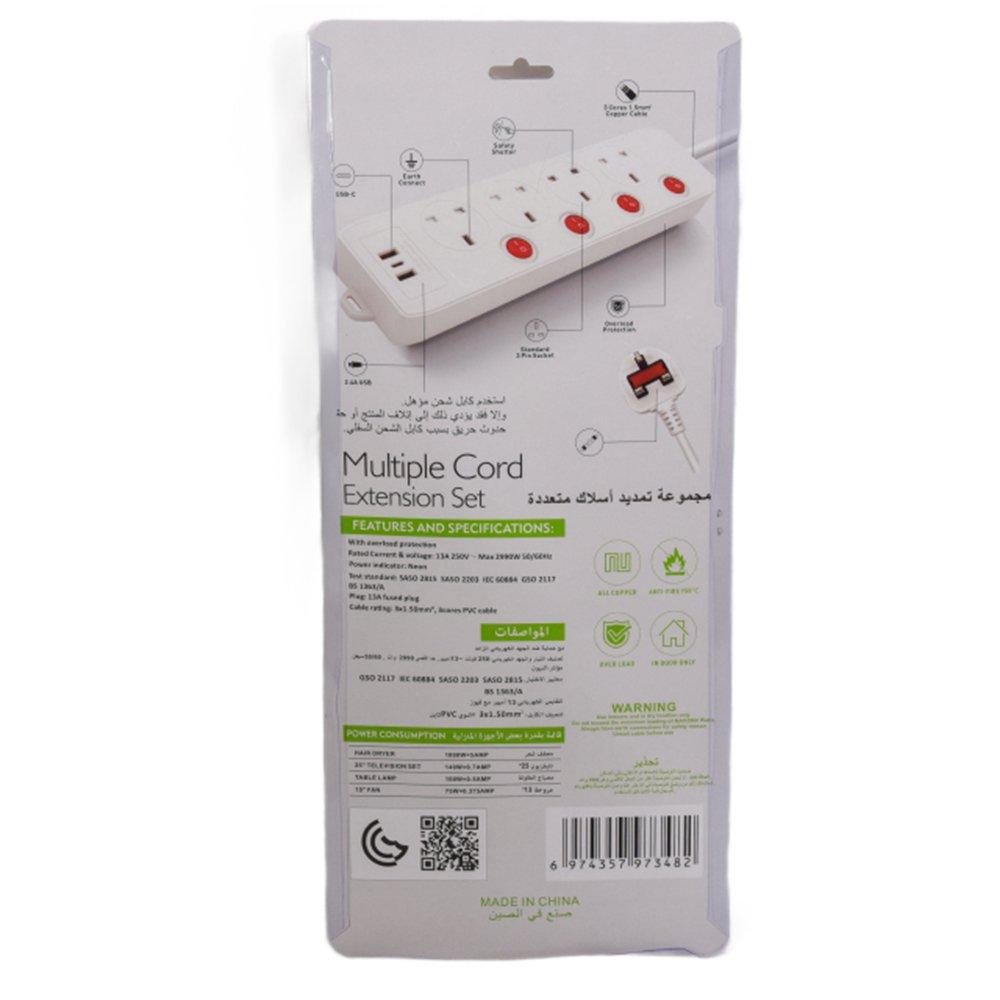 RTC 4 Ways 3m Extension Cord, 49-5-SU134USB-C – White