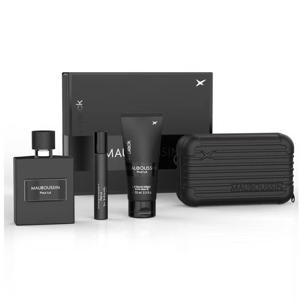 Mauboussin in Black EDP Set  For Men 100ml + Spray 20ml + Body lotion  75ml +Pouch