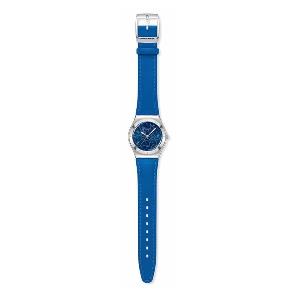 Swatch Blue Petal Promice Unisex Watch, 33 mm, Leather Strap, SWAYLS235- Blue