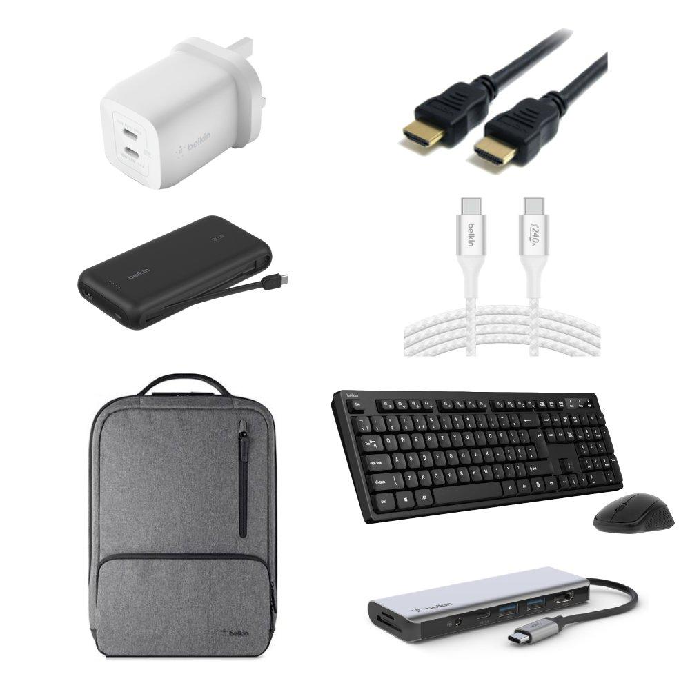 Bundle Belkin HDMI to HDMI 1.5m Cable + Backpack For Laptop + Multiport Hub Adapter + Dual USB-C Charger + USB-C to C Braided Cable + Power Bank + Keyboard and Mouse.
