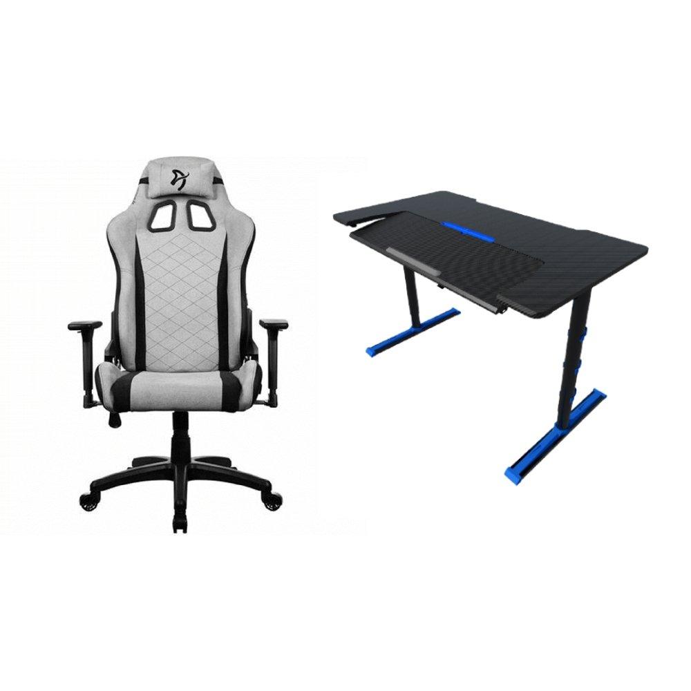 Arozzi Avanti Soft Fabric Gaming Chair – Light Gray + Sades Alpha Gaming Table