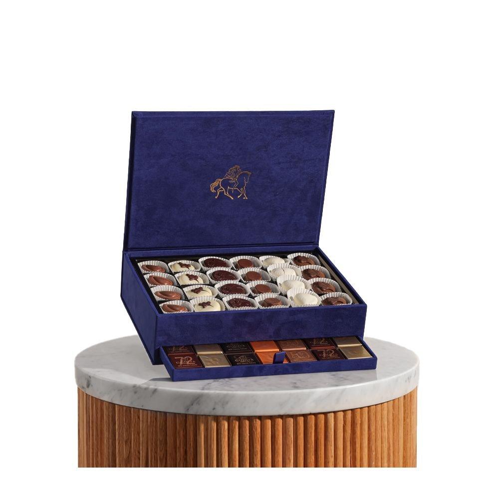 Godiva Large Luxury Velvet Navy Blue Chocolate Box, Mixed Flavors, Chocolates, 40 Pieces, Carrés, 70 Pieces FC74424