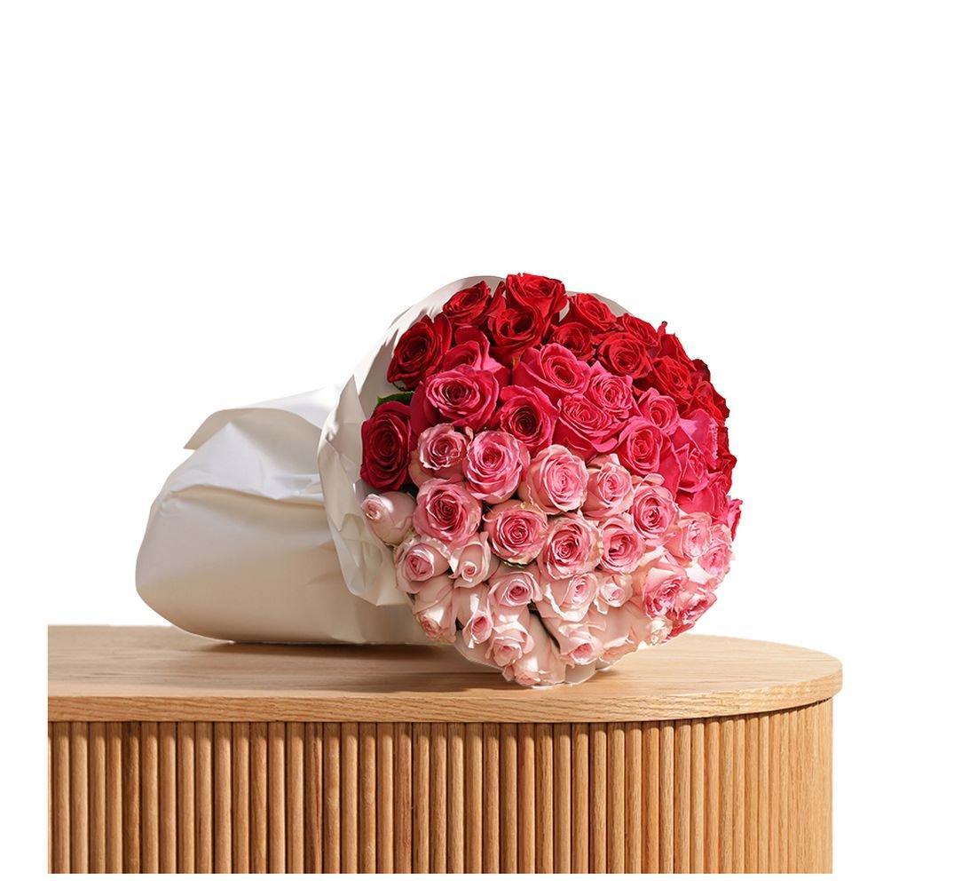 Rose Bouquet, Red Rose 14, Fuchsia Rose 14, Light Pink Rose 14, Esperance Rose 14, Bouquet, White Wrap, 56 Flowers, FC35218