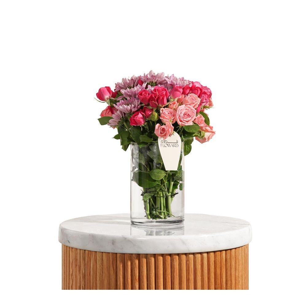 Rose Bouquet, Pink Chrysanthemum, Fuchsia Baby Rose, Pink Baby Rose, Cylinder Glass Vase, 13 Flowers, FC99504