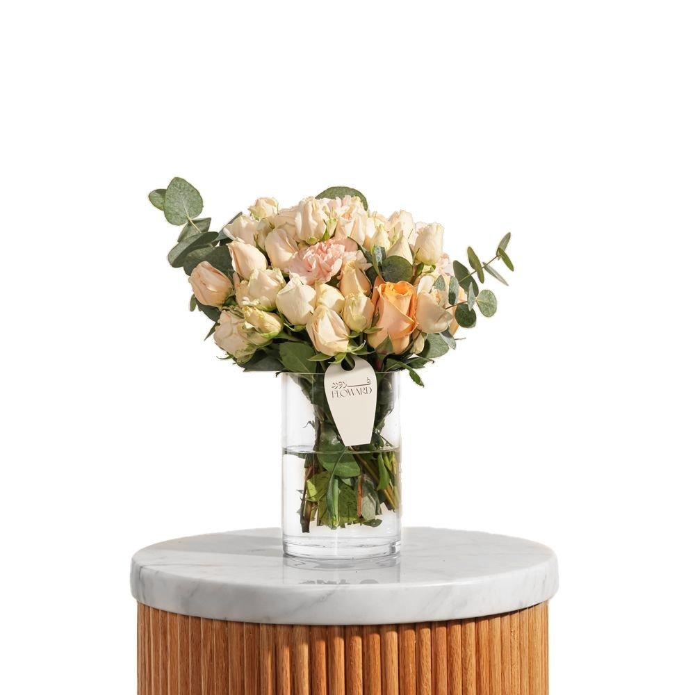 Rose Bouquet, Peach Baby Rose, Peach Carnation, Peach Rose, Cylinder Glass Vase, 16 Flowers, FC03286