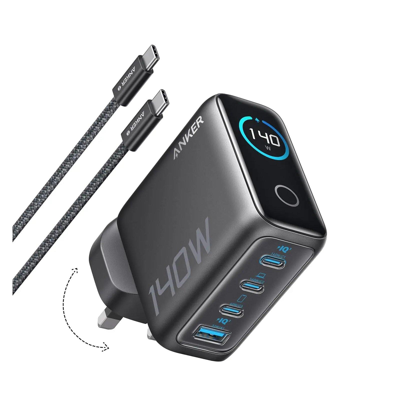 Anker 140W Foldable USB-C GaN Wall Charger with 1.5m Cable, Dual 140W USB-C, USB-C + USB-A Ports, B2697KZ1– Dark Grey.