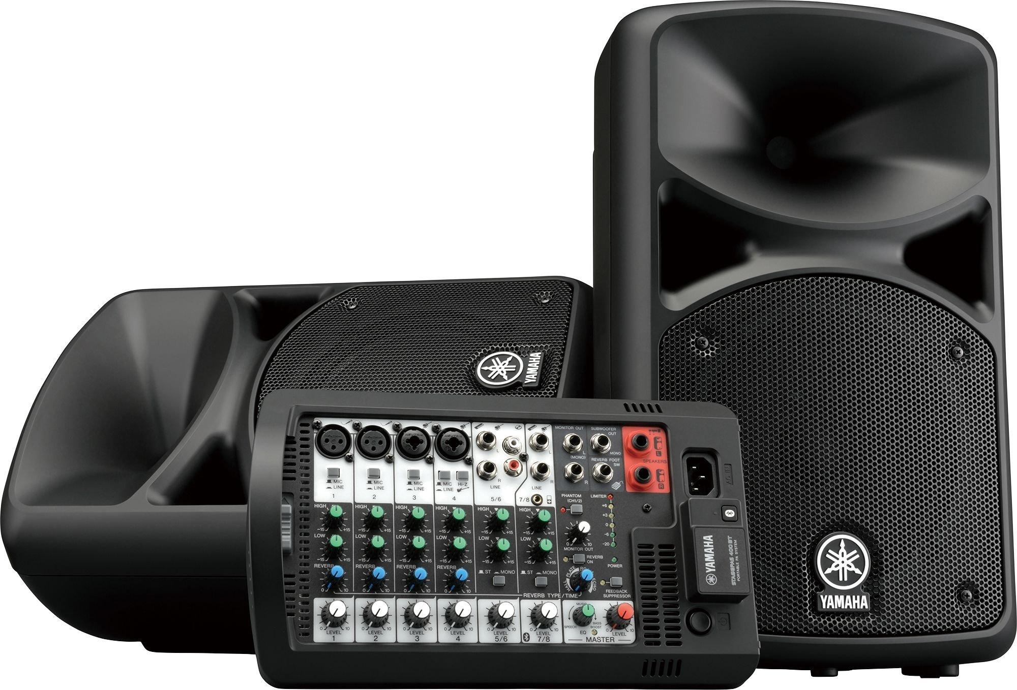 Yamaha Stagepas portable PA system, All‑in‑one powered mixer with Bluetooth wireless audio, SPX digital reverb, 1‑Knob Master EQ & feedback suppressor, STAGEPAS400BT – Black.