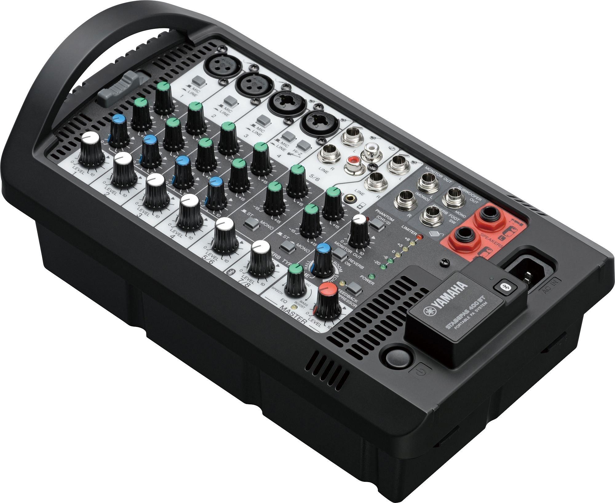 Yamaha Stagepas portable PA system, All‑in‑one powered mixer with Bluetooth wireless audio, SPX digital reverb, 1‑Knob Master EQ & feedback suppressor, STAGEPAS400BT – Black.