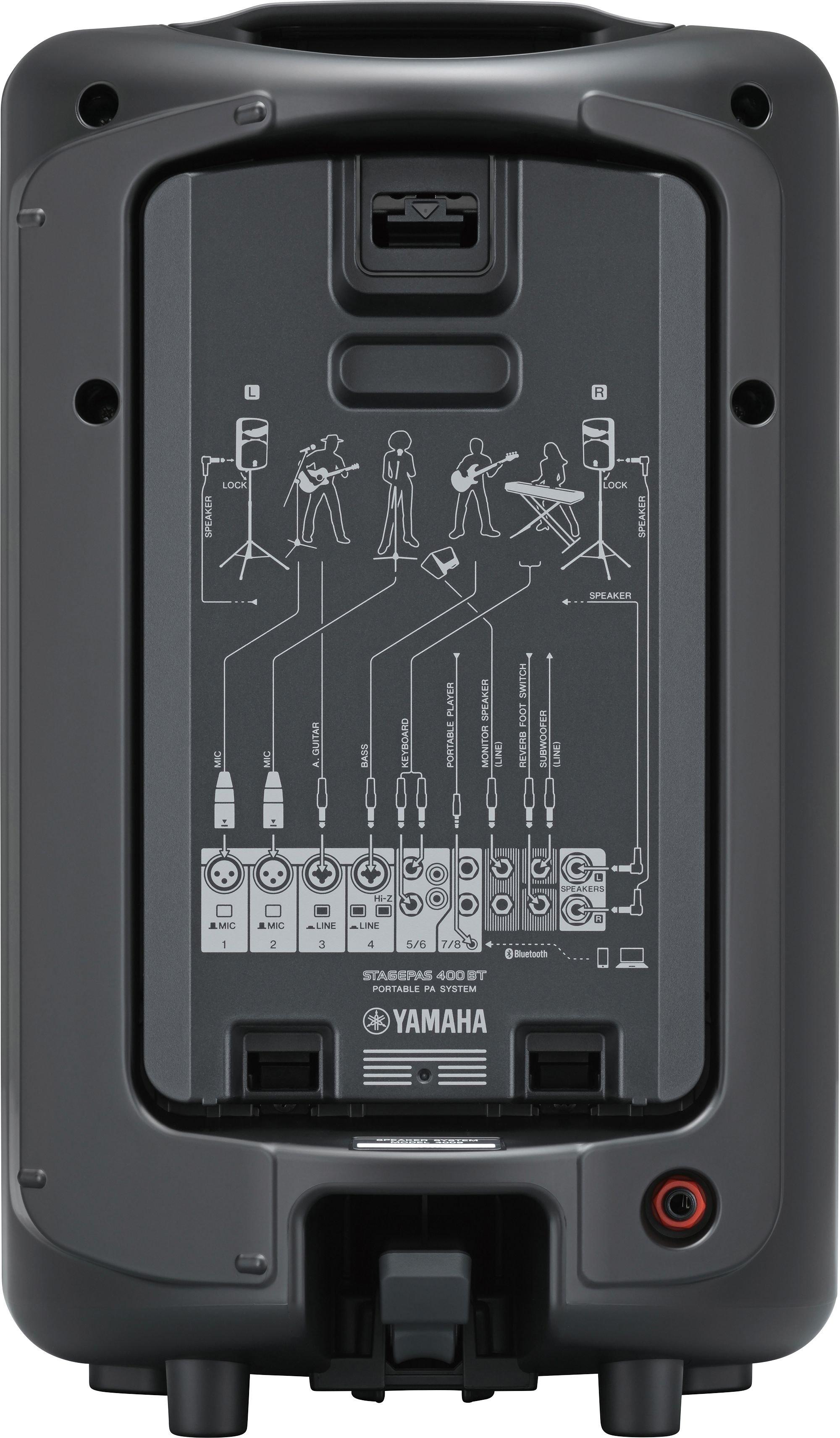 Yamaha Stagepas portable PA system, All‑in‑one powered mixer with Bluetooth wireless audio, SPX digital reverb, 1‑Knob Master EQ & feedback suppressor, STAGEPAS400BT – Black.