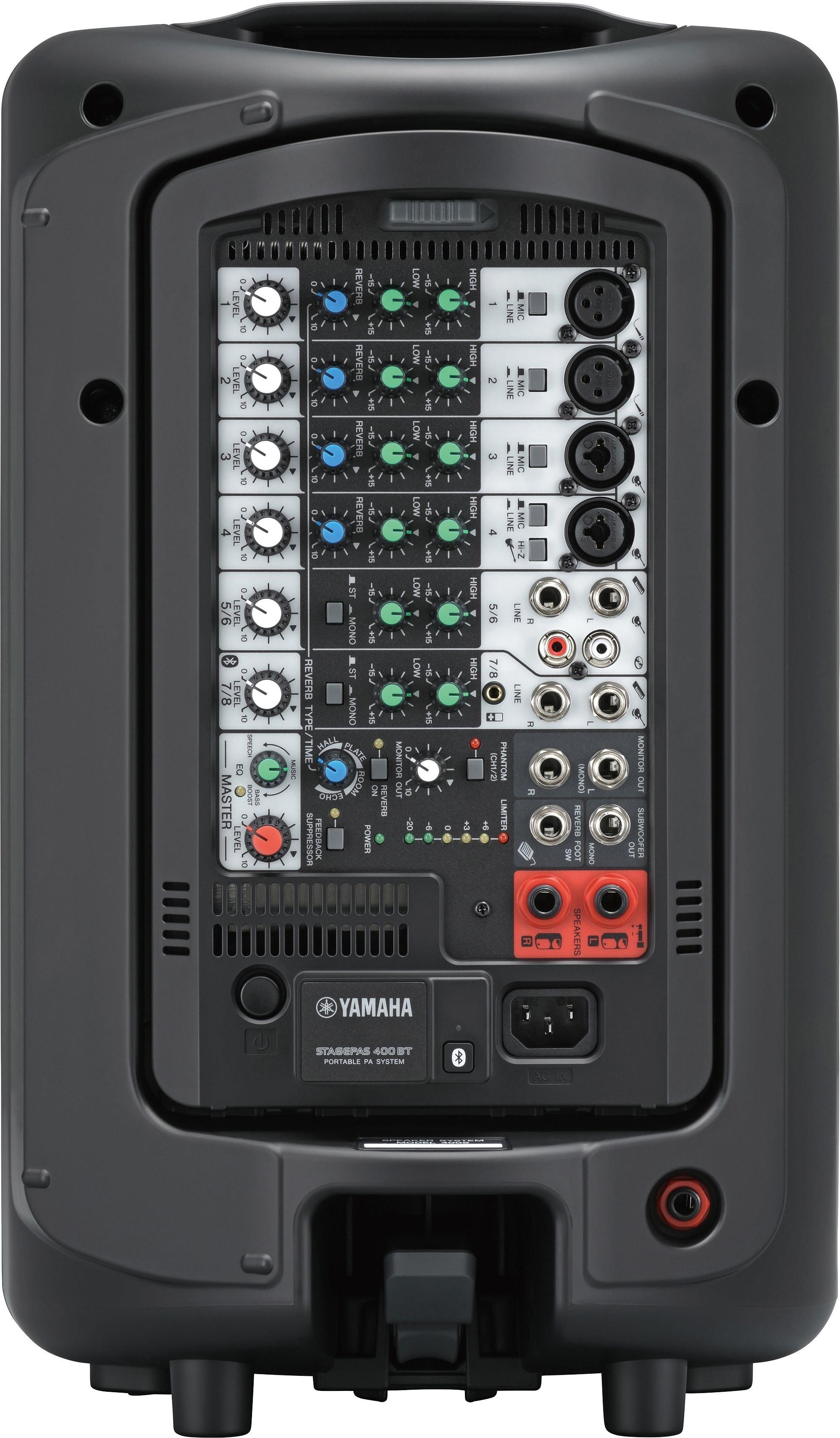 Yamaha Stagepas portable PA system, All‑in‑one powered mixer with Bluetooth wireless audio, SPX digital reverb, 1‑Knob Master EQ & feedback suppressor, STAGEPAS400BT – Black.
