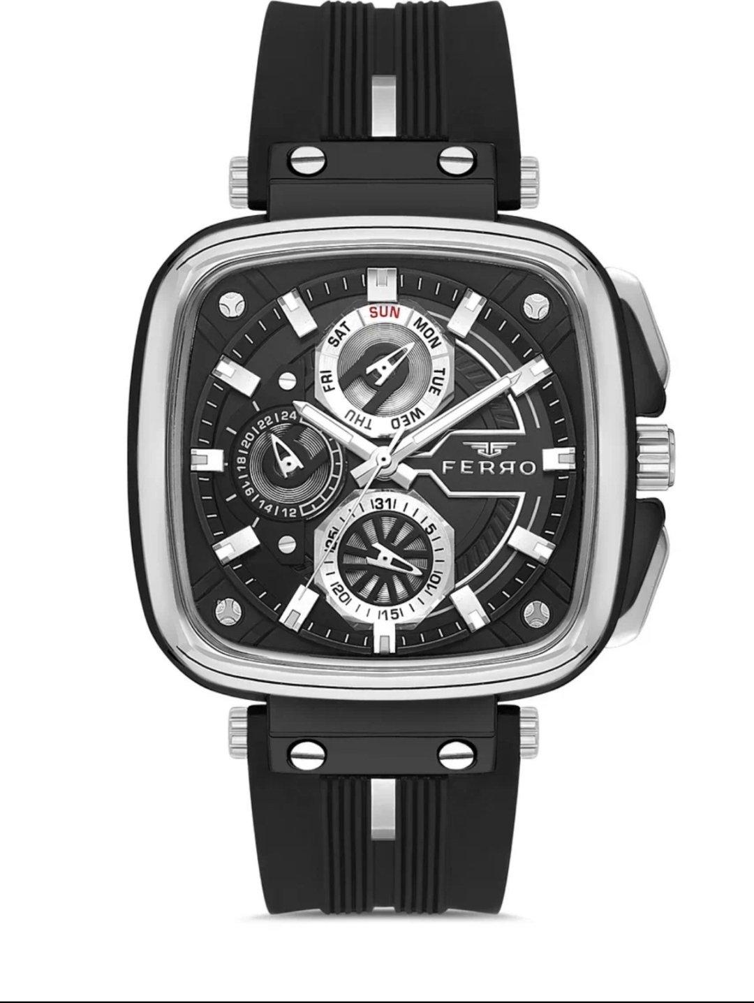 ساعة رجالية فيرو أوشن كاجوال، عرض عقارب، مربعة، ستانلس ستيل، 44 مم، FM11352DWT-J2 - فضي / أسود