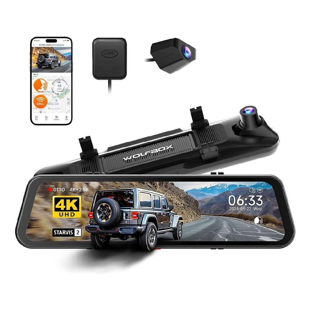 WOLFBOX G900Pro 8MP WiFi Touch Screen Rear View Mirror Dash Camera - Black 