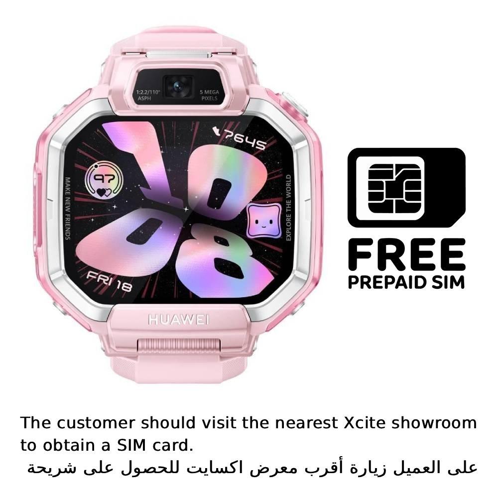 New Arrival Huawei Kids Watch X1, 32GB storage, 13MP rear camera - Pink + Zain Prepaid SIM Card , 70GB, 5G Split it your way