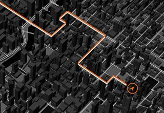 Map showing a highlighted route through a dense city environment, showing precision GPS capabilities