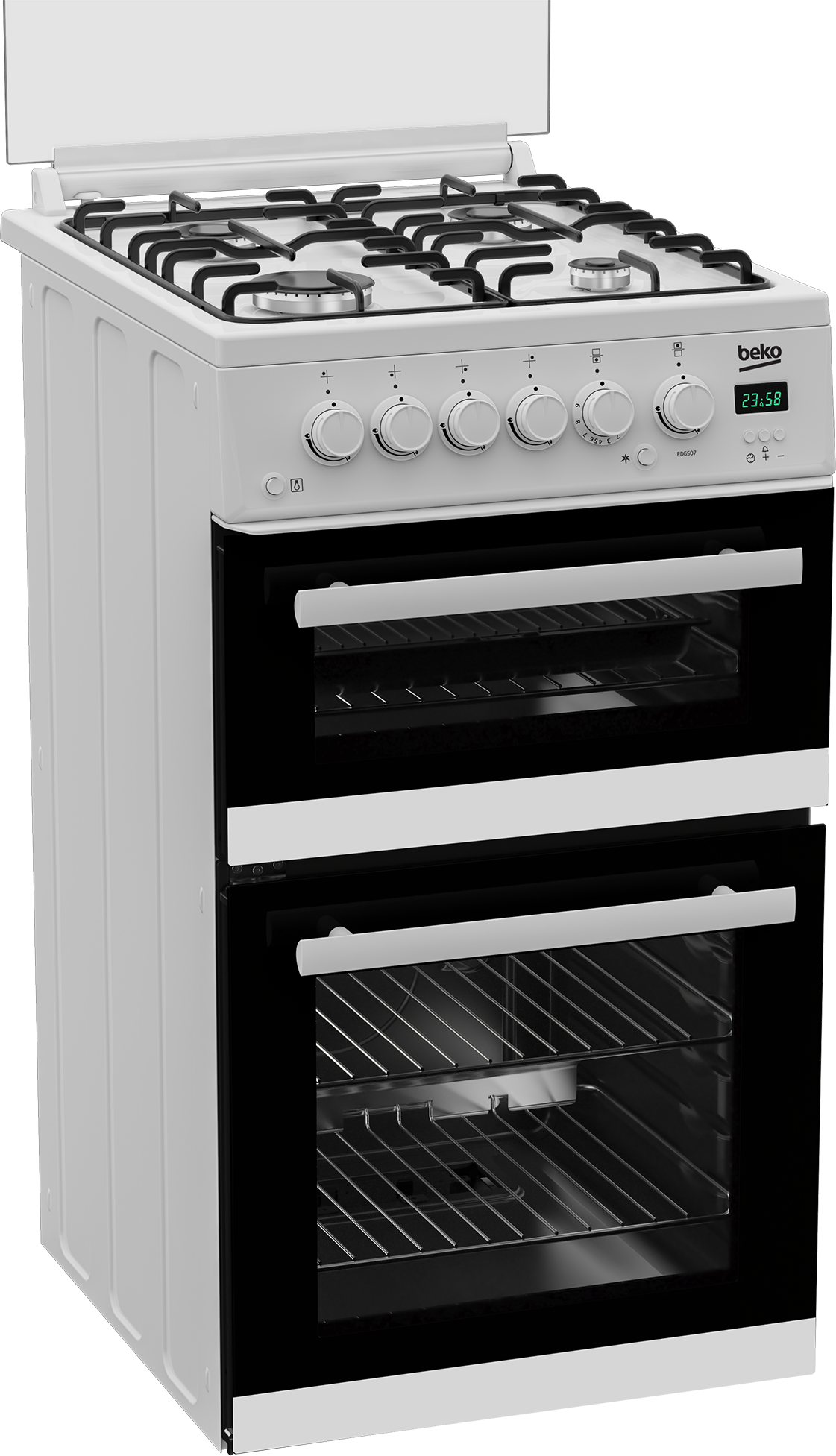 Beko EDG507W 50cm Twin Cavity Gas Cooker with Gas Hob &amp; Glass Lid - White