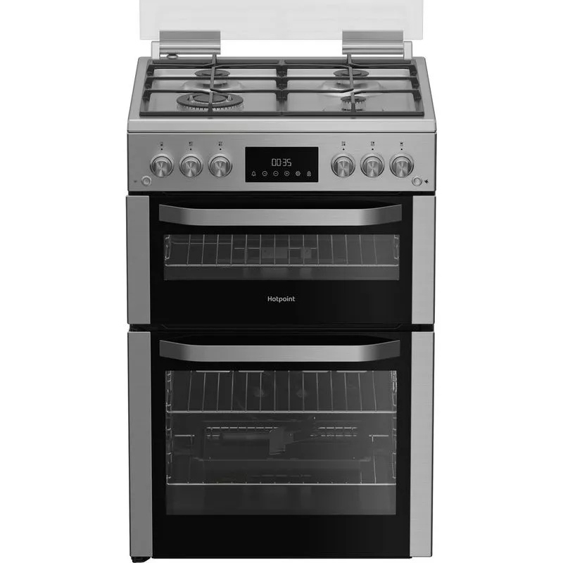 Hotpoint HDG6GDCWX 60cm Gas Double Oven Cooker with Glass Lid - Stainless Steel Finish