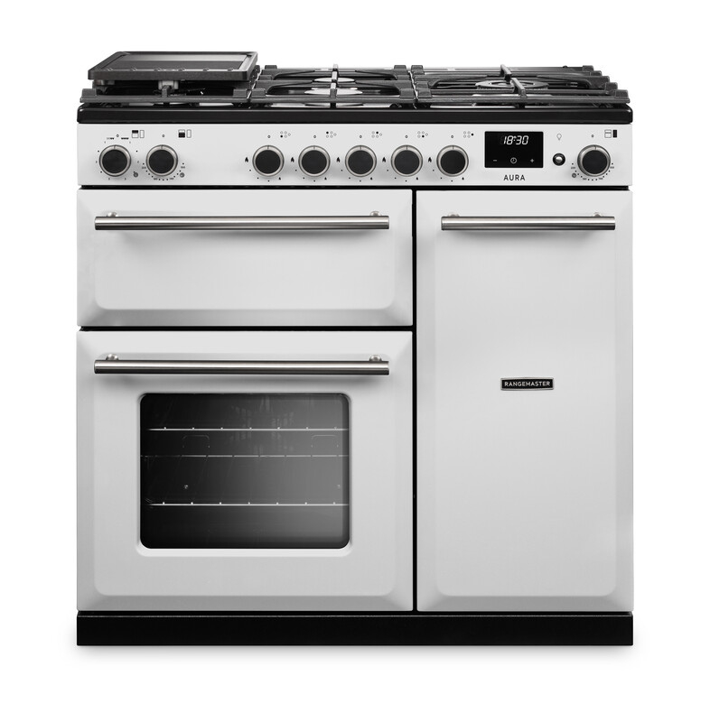 Rangemaster Aura AURA90DFPWHT/BN1 90cm Dual Fuel White (Paint) - Brushed Nickel