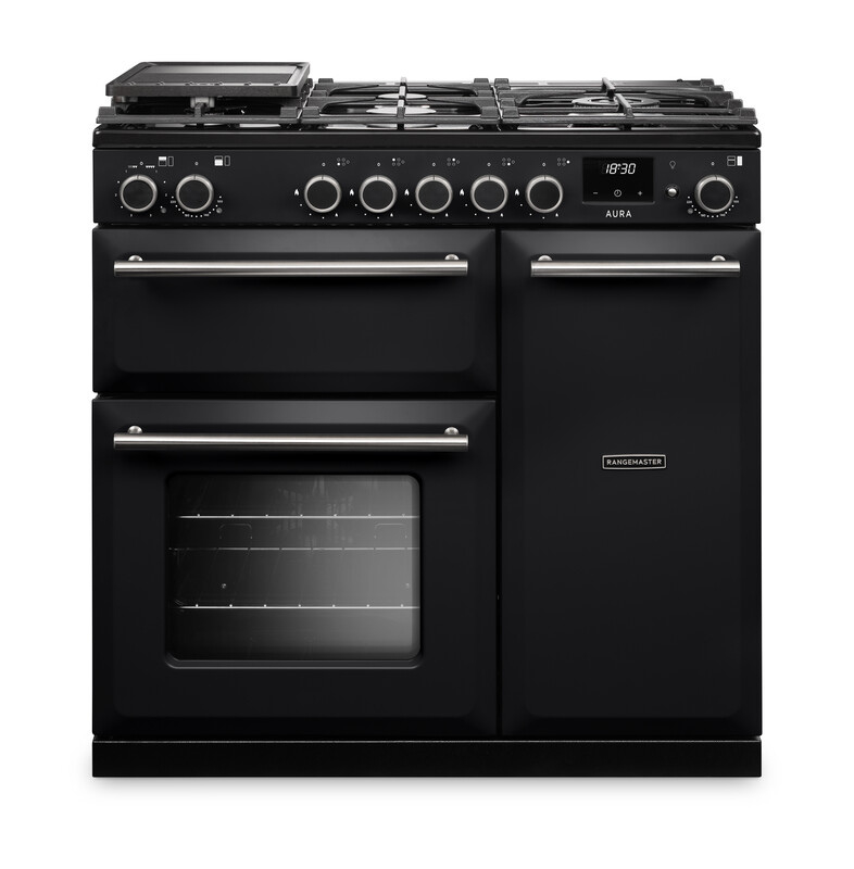 Rangemaster Aura AURA90DFPCBL/BN1 90cm Dual Fuel Black - Brushed Nickel
