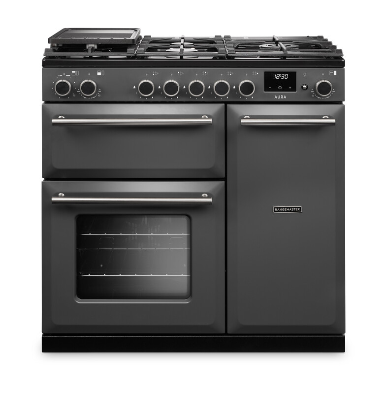 Rangemaster Aura AURA90DFPSLT/BN1 90cm Dual Fuel Slate (Paint) - Brushed Nickel