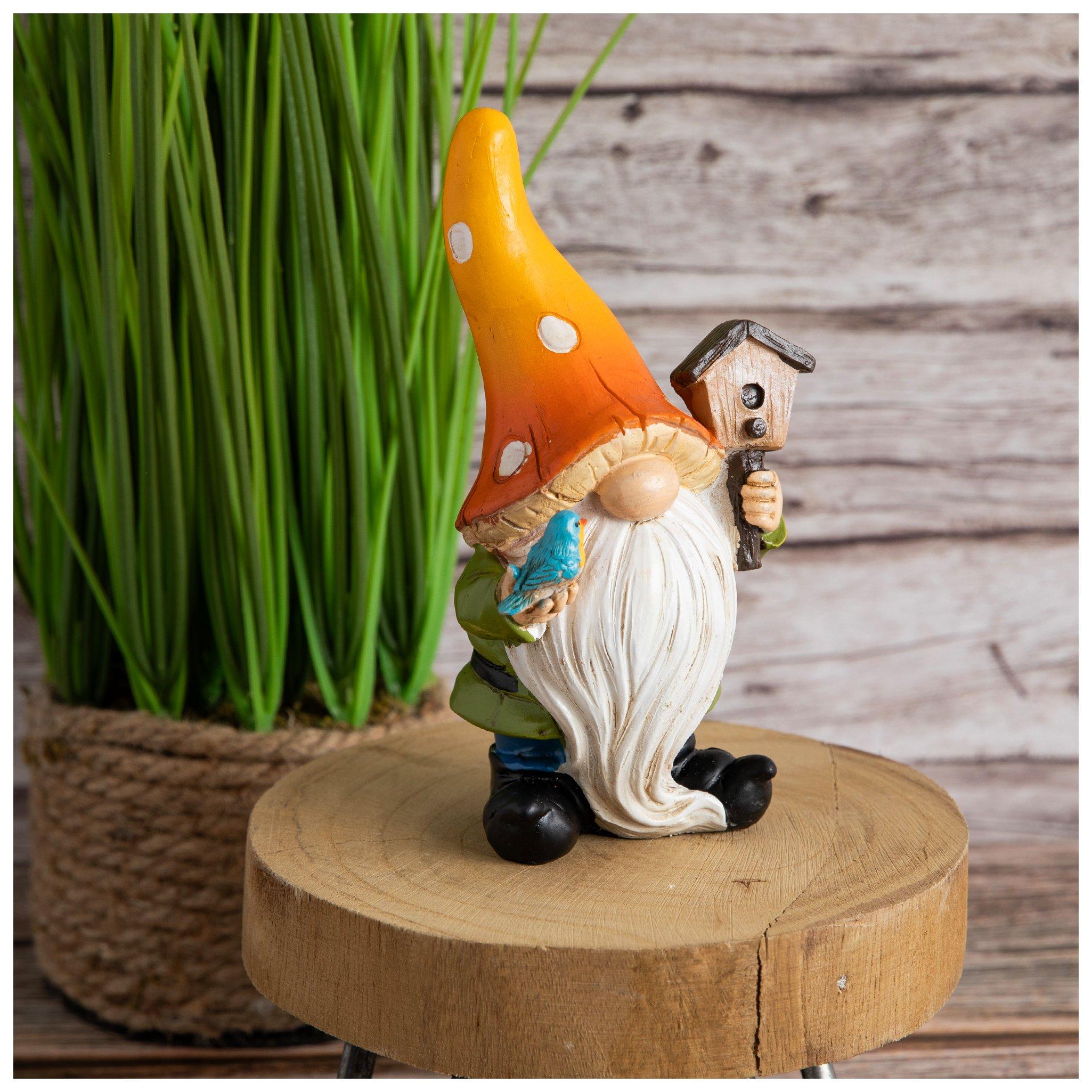 Orange Mushroom Hat Gnome With Birdhouse