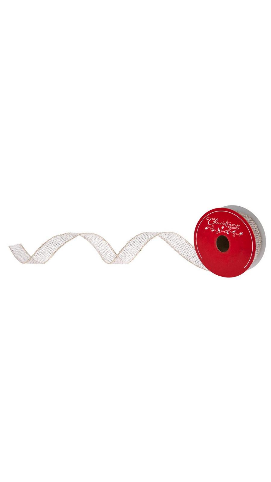 White, Red & Gold Wired Edge Mesh Ribbon - 1
