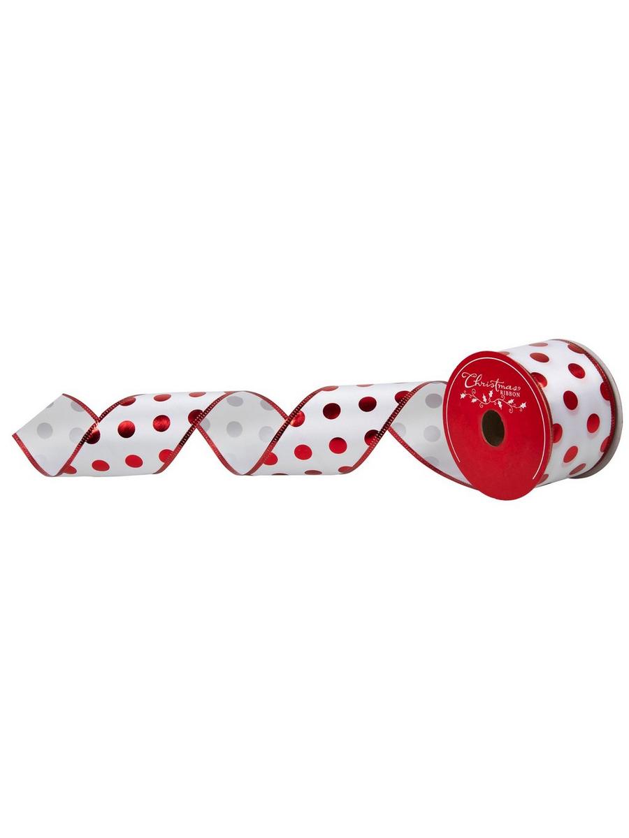 White & Red Polka Dot Satin Wired Edge Ribbon - 2 1/2