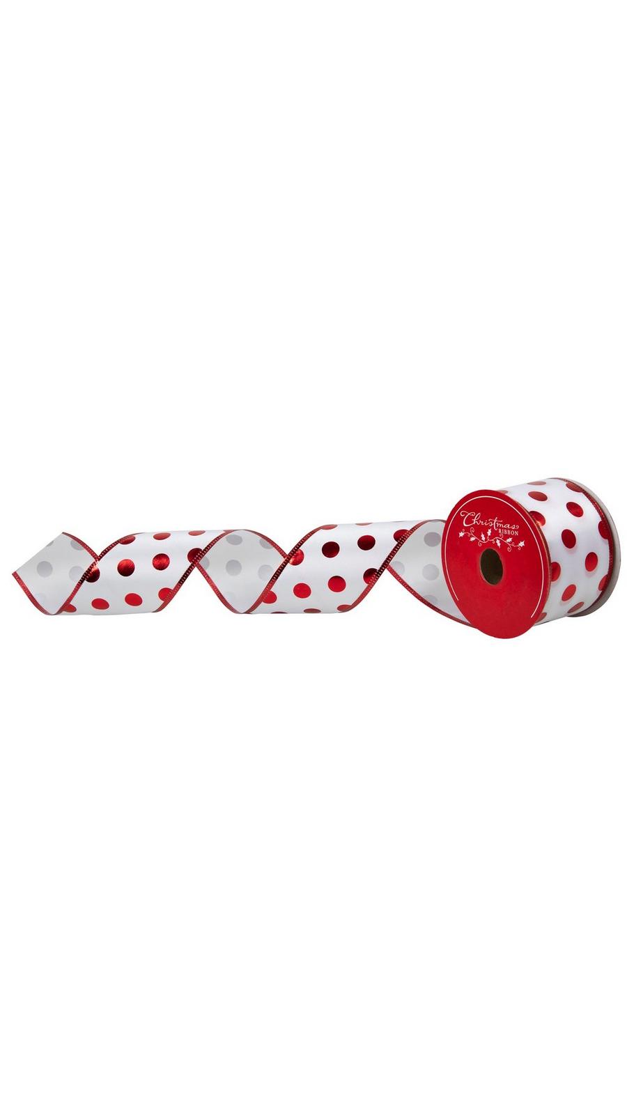 White & Red Polka Dot Satin Wired Edge Ribbon - 2 1/2