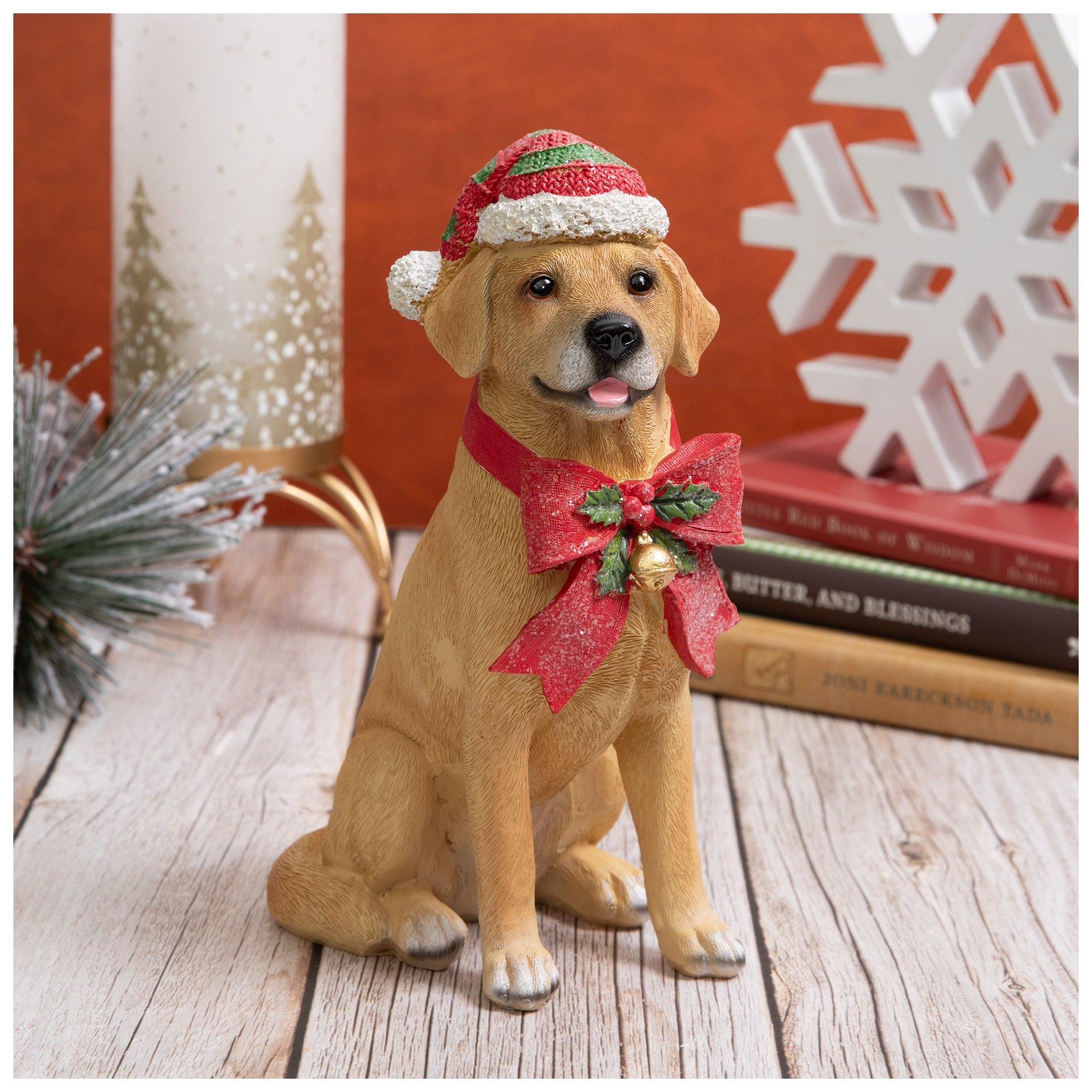 seasonal holiday dress up dog statue Yellow Lab Figurine | Hobby Lobby fabric:pleated-satin