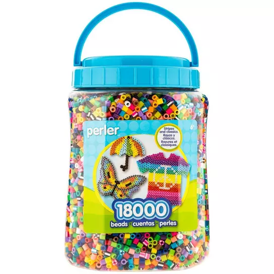 A jar filled with lots of different colored beads. Beads colors