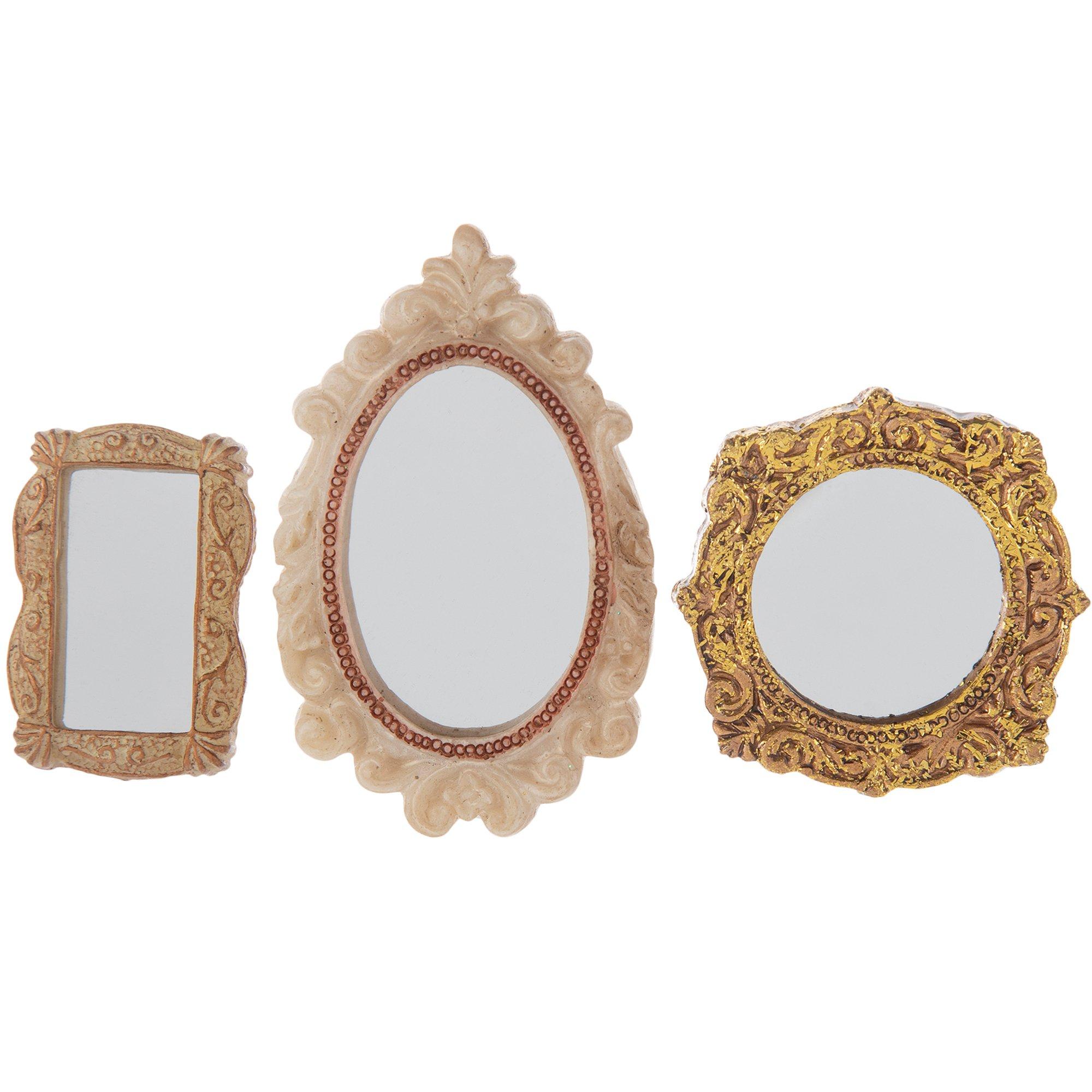 NUOBESTY 3pcs Golden Miniature Mirrors Doll House Mirrors Mini Mirrors  Classical Embossed Mirrors Antique Carved Mirror Doll House Decoration