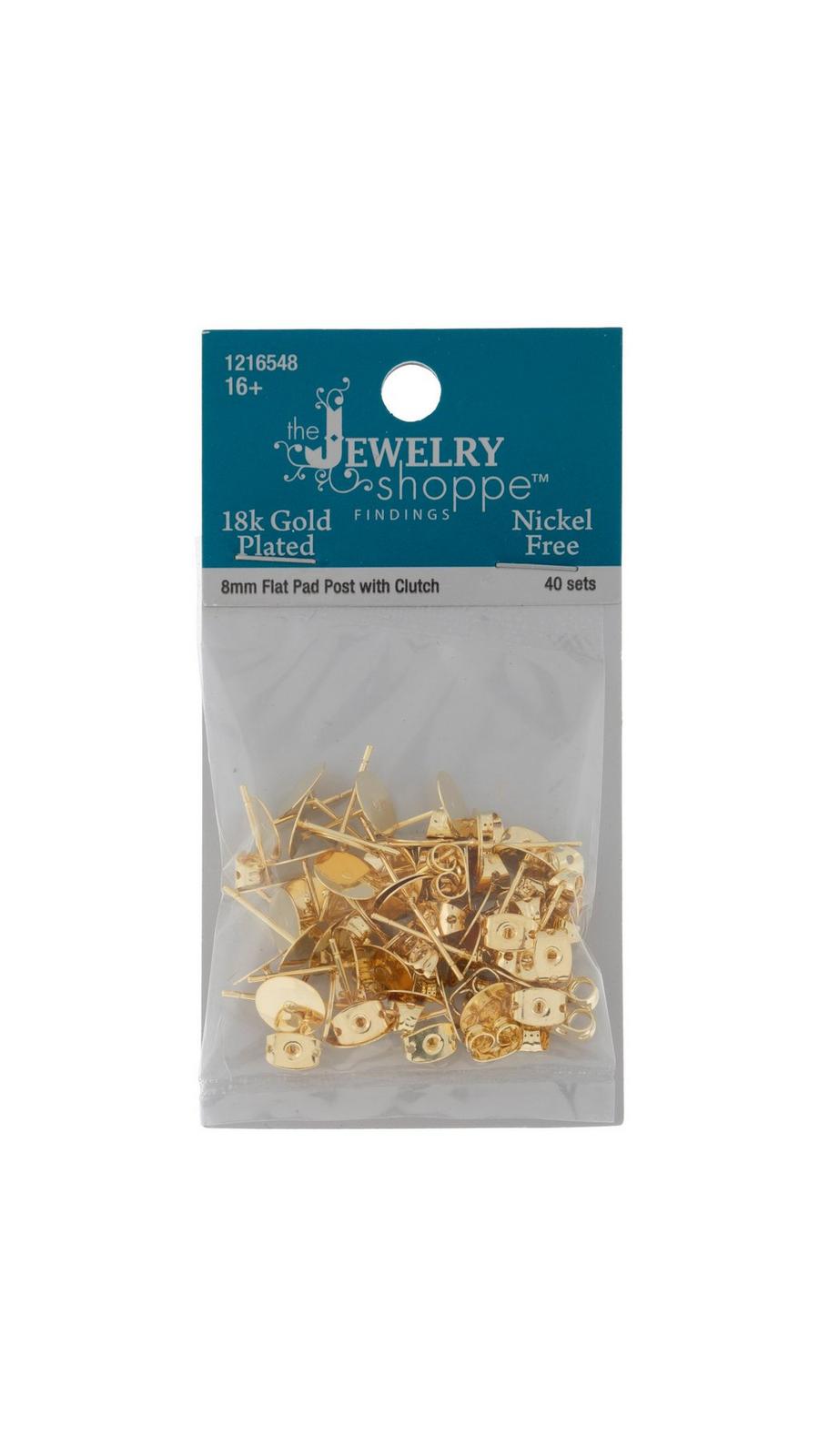 18K Gold Plated Earring Posts With Flat Pad & Clutch - 8mm | Hobby