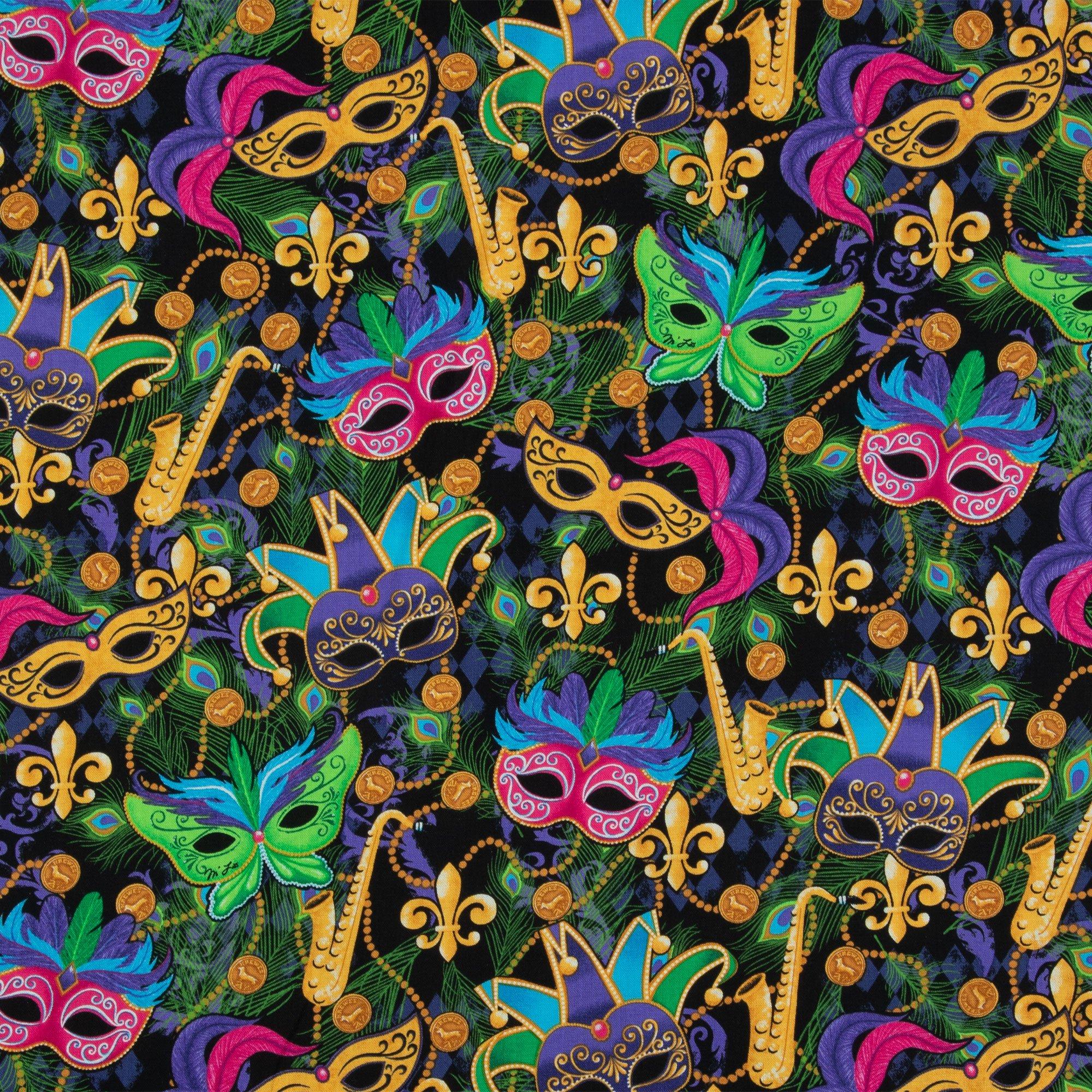 Mardi Gras Fun Bourbon Street Jazz Motifs Black Cotton Fabric