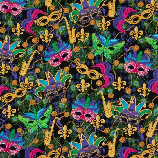 Mardi Gras Masks Cotton Calico Fabric