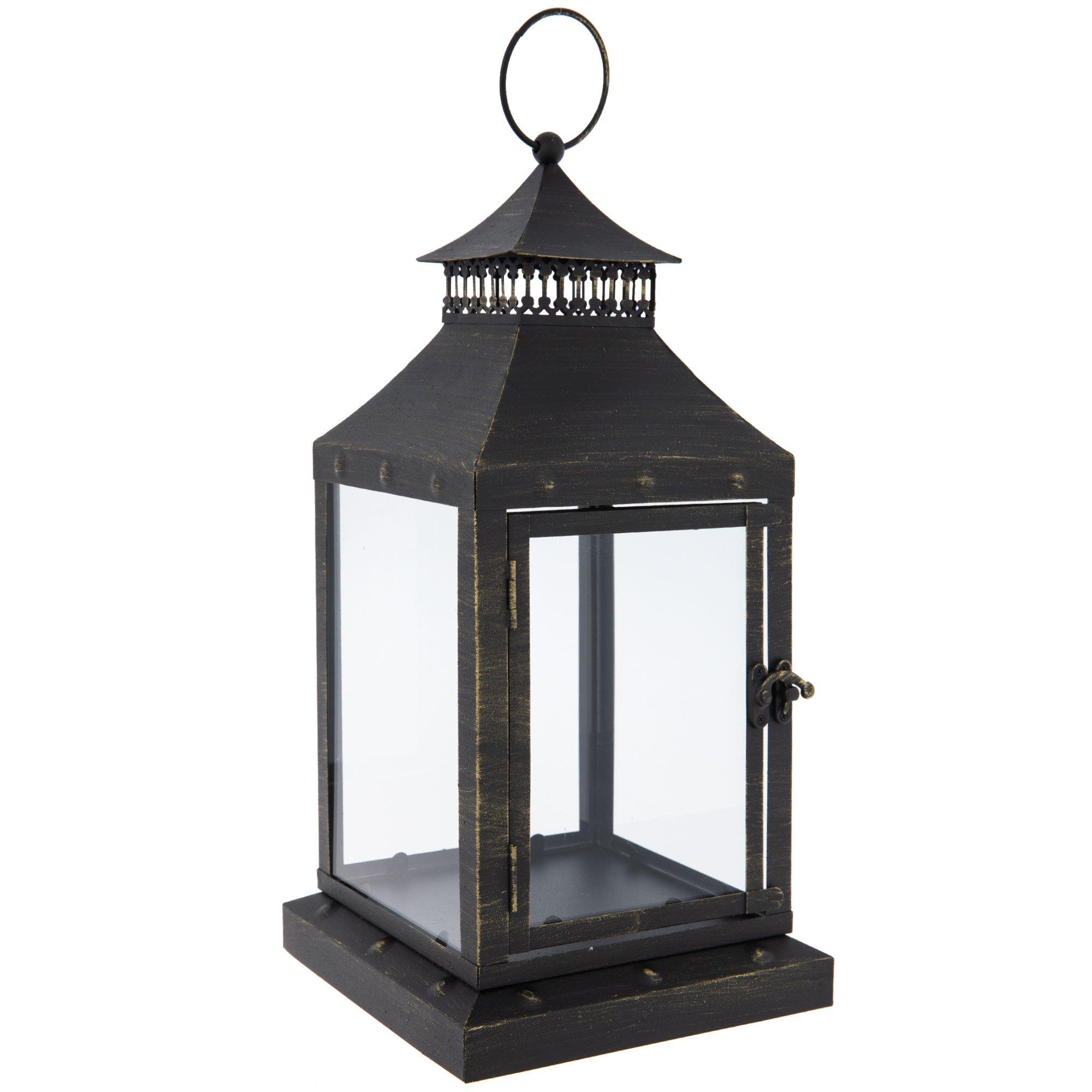 28H Antique Bronze Metal Indoor/Outdoor Lantern with Glass Panes and Timer  