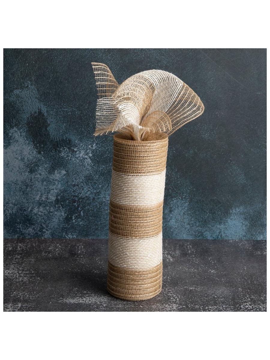White & Natural Striped Deco Mesh Ribbon - 10