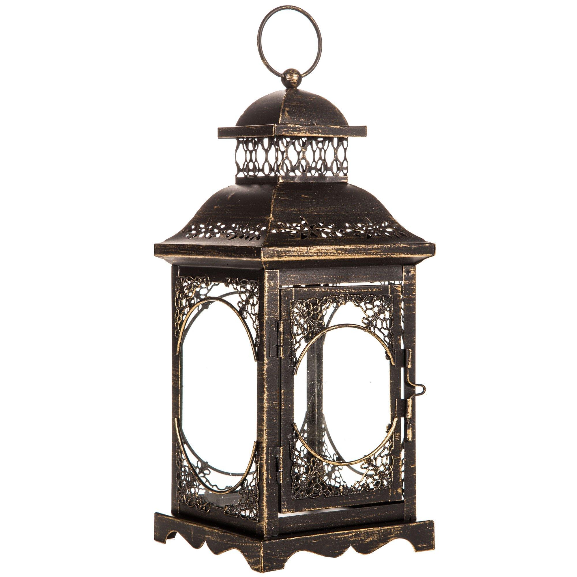 28H Antique Bronze Metal Indoor/Outdoor Lantern with Glass Panes and Timer  