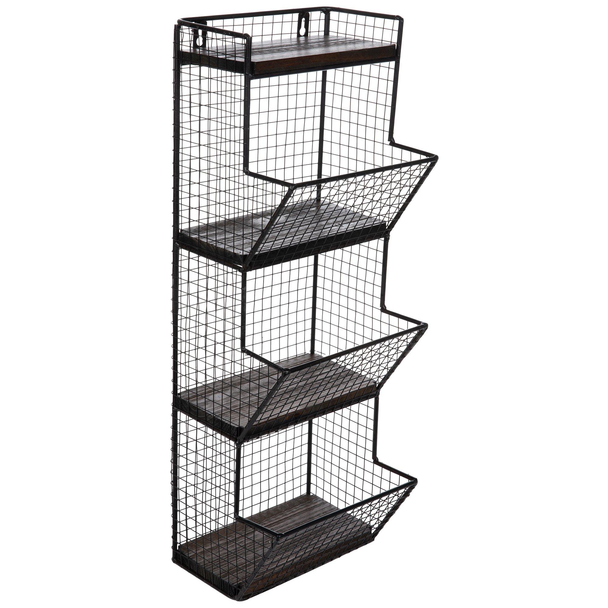 3-Tier Black Metal Wire Wall-Mounted Produce Storage Baskets with Wood Bases