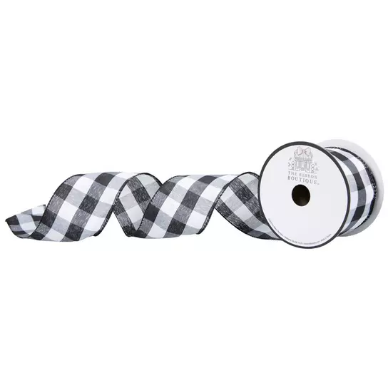  Ribbli Grey and White Check Wired Ribbon, 2-1/2 Inch x