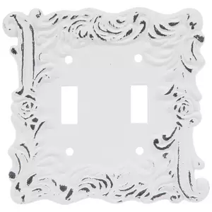 Distressed White Flourish Double Switch Plate