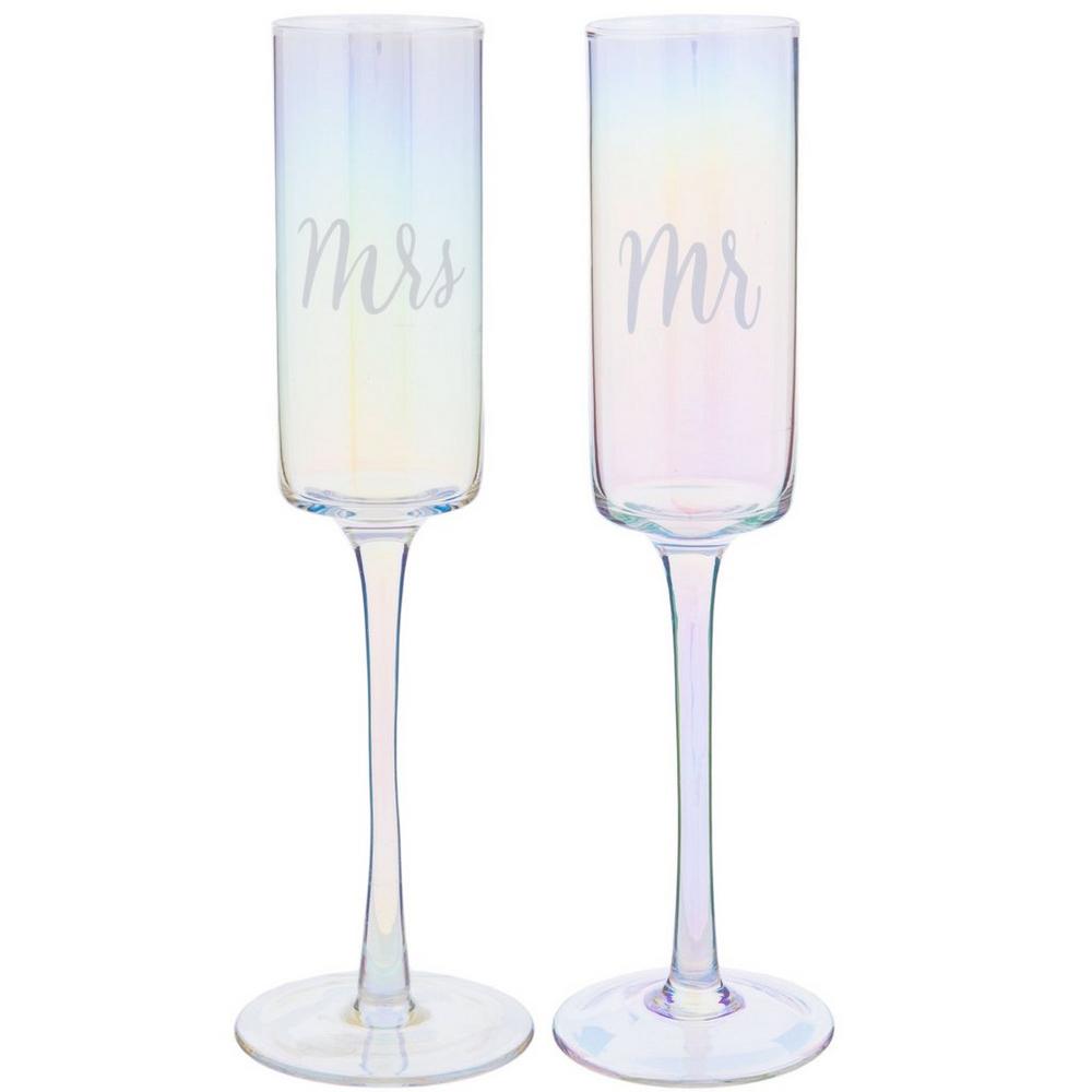 Iridescent Mr Mrs Toasting Glasses