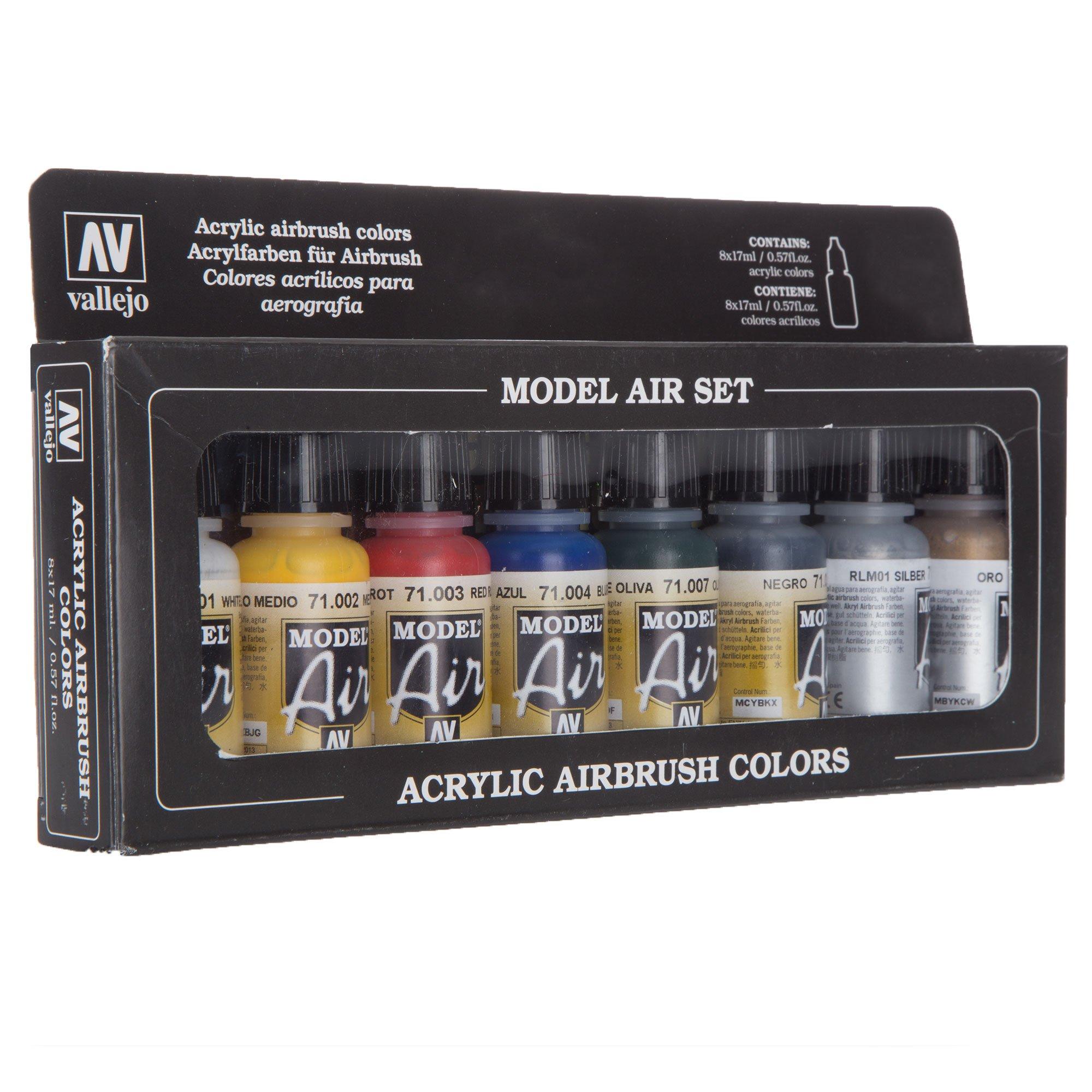 Acrylicos Vallejo Metallic Colors Model Air Paint Set, 1/2 Fl. Oz. Bottles,  8 Colors 