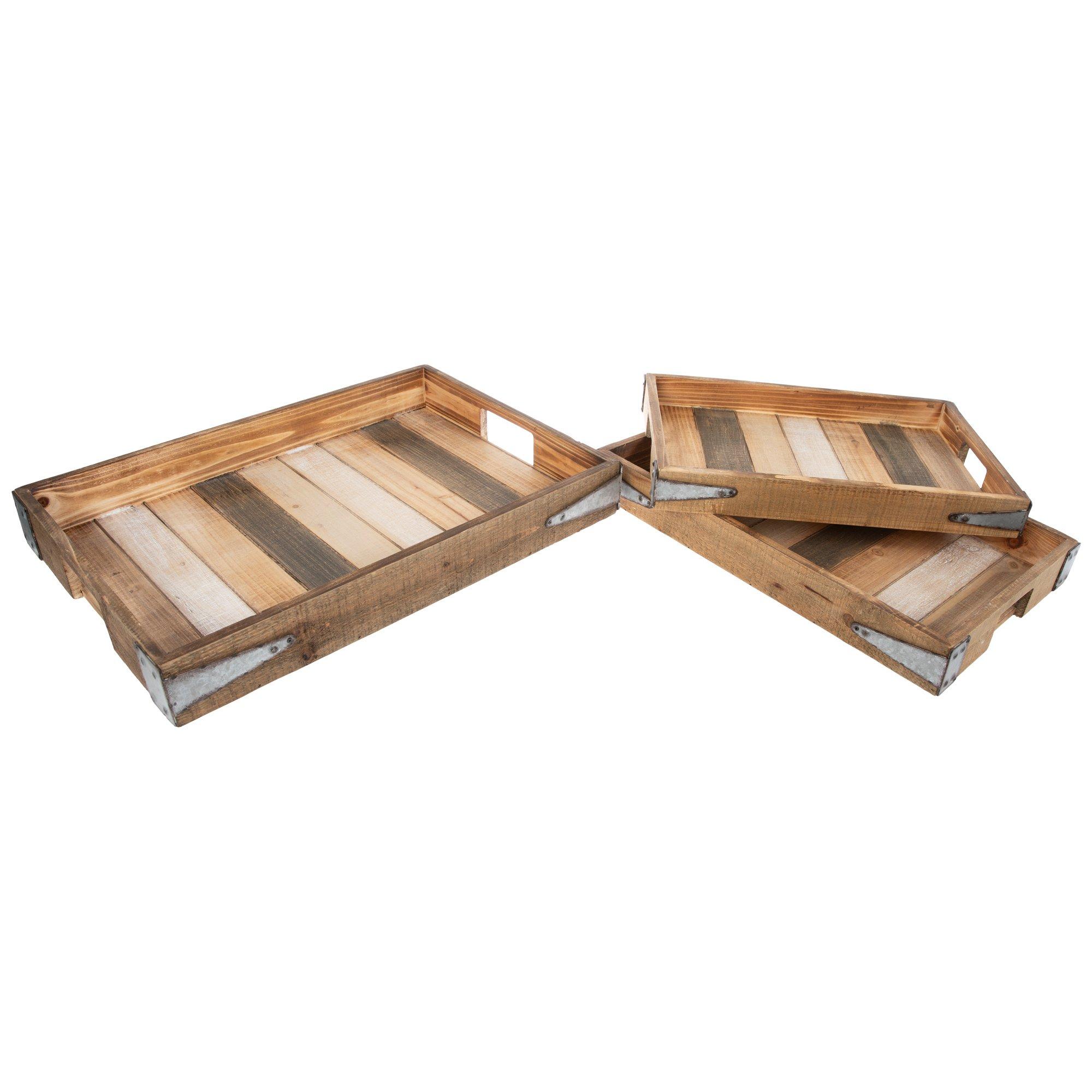 Slatted Rustic Wood Tray Set view 1