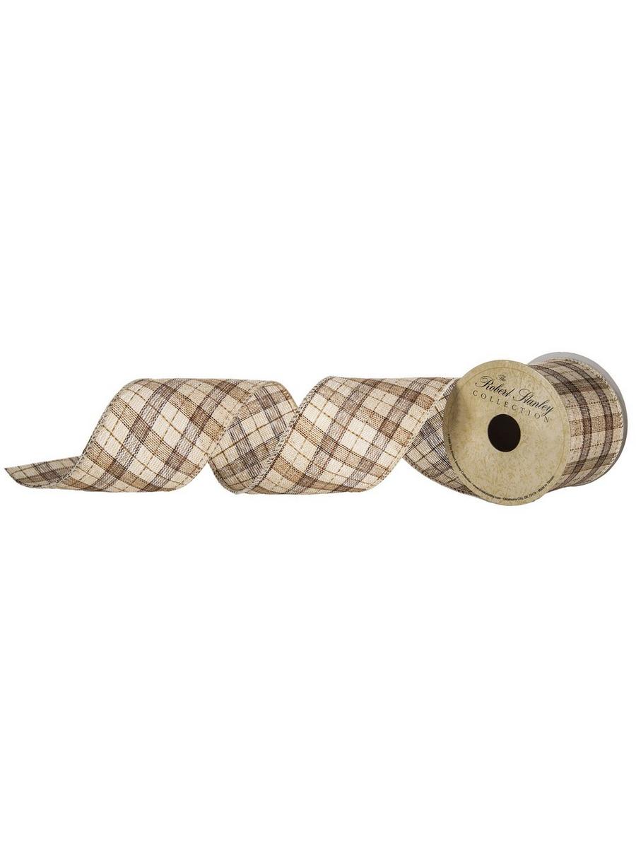 Tan Plaid Wired Edge Ribbon - 2 1/2