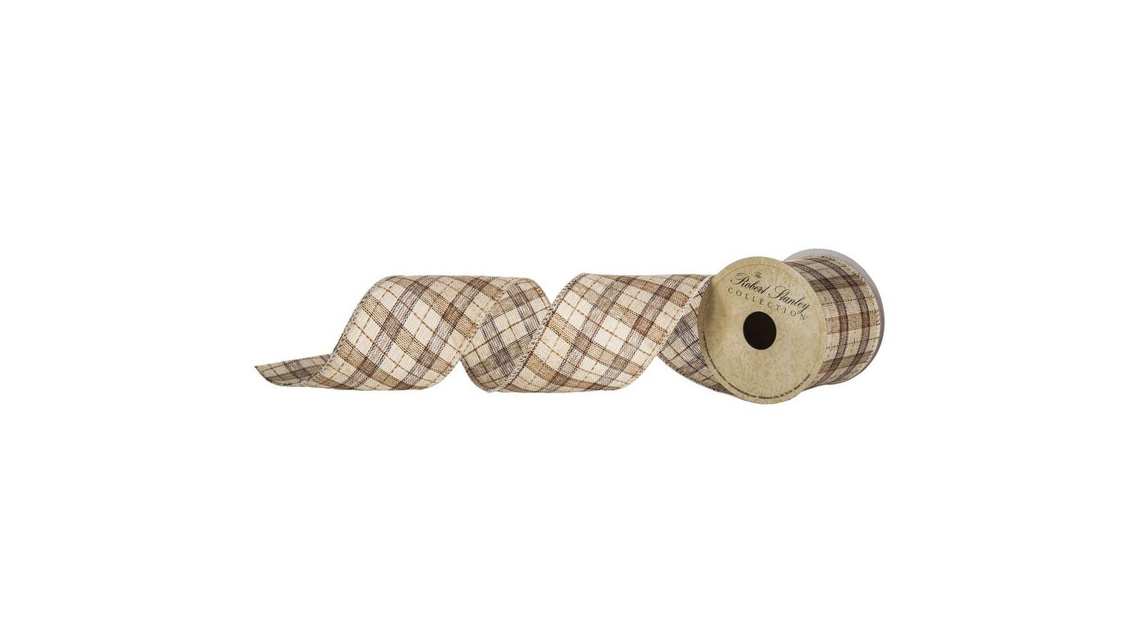 Tan Plaid Wired Edge Ribbon - 2 1/2
